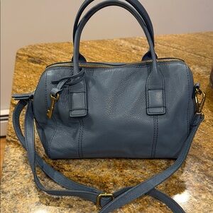 Fossil Blue Satchel with Leather Texture and Adjustable Strap